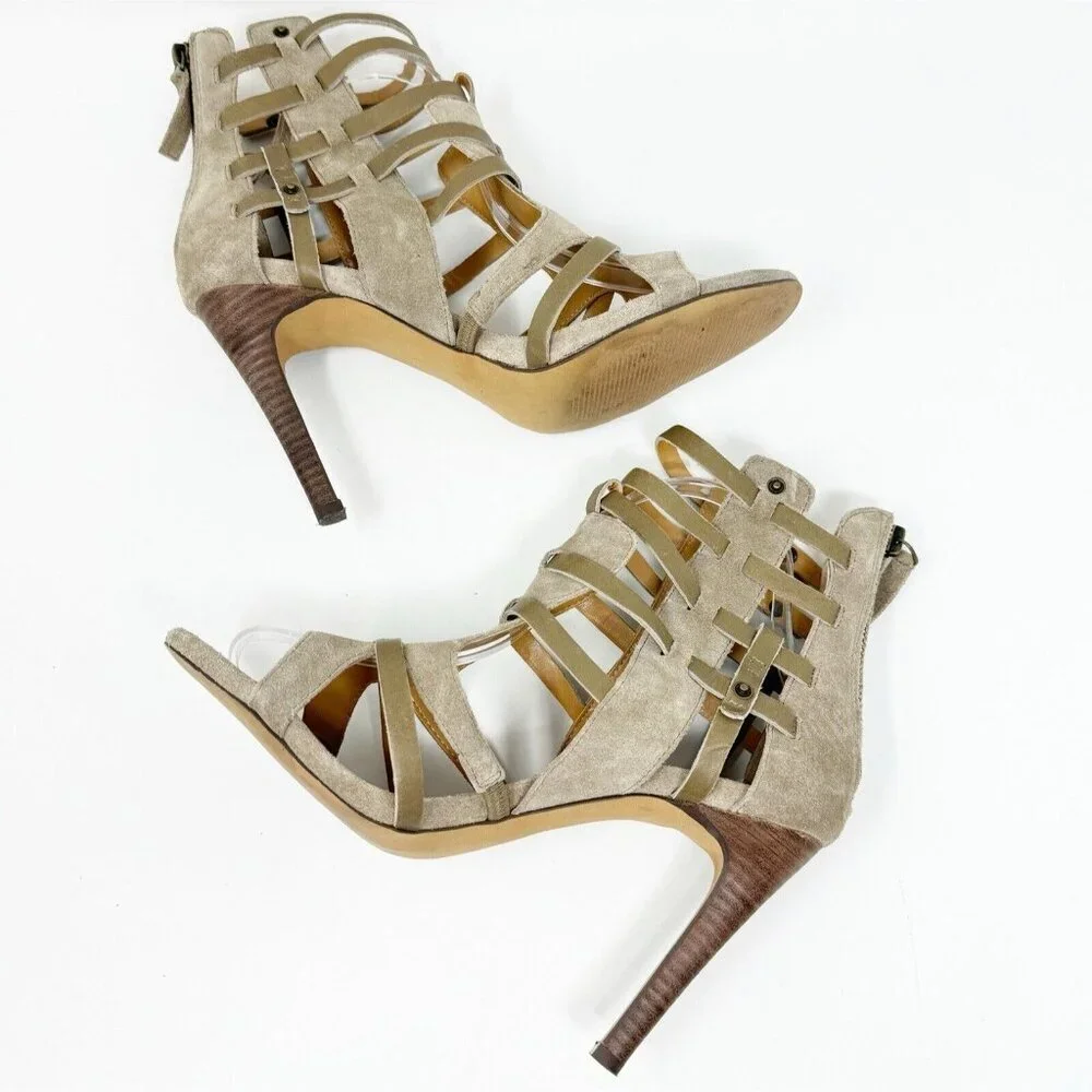 Levity Gladie Strappy Leather Stacked‎ Heel Taupe Gladiator Tan Ankle Mule 8
